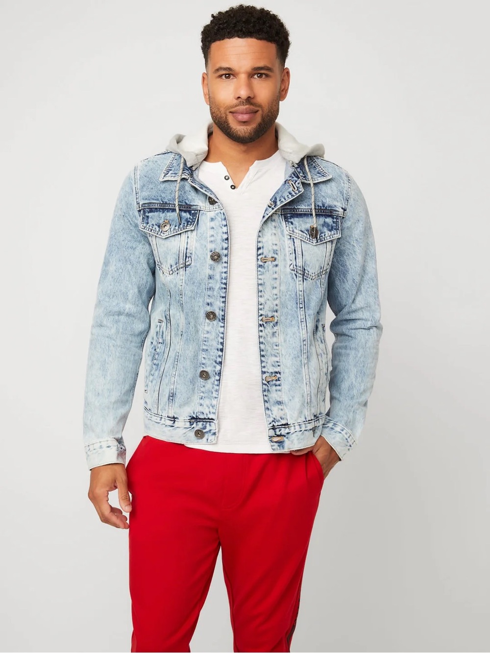 Guess Light Blue Washed Denim Jacket with Gray Removable Hood Unisex